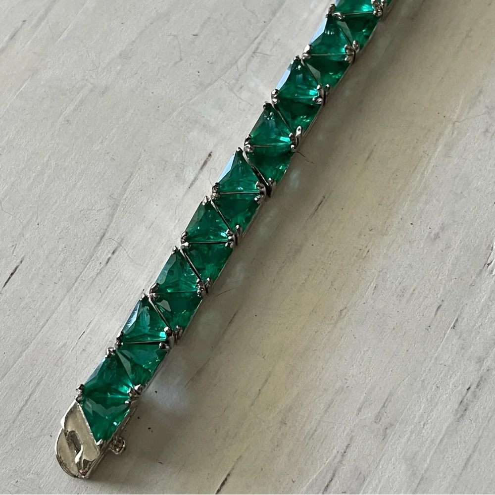Green Silver Tennis 925 bracelet, bling chunky tennis bracelet, fancy fashion - Picture 6 of 8